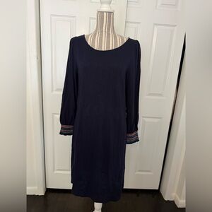 Talbots Petite LP Navy Dress Embroidered Sleeve 100% Cotton Casual Shift Dress